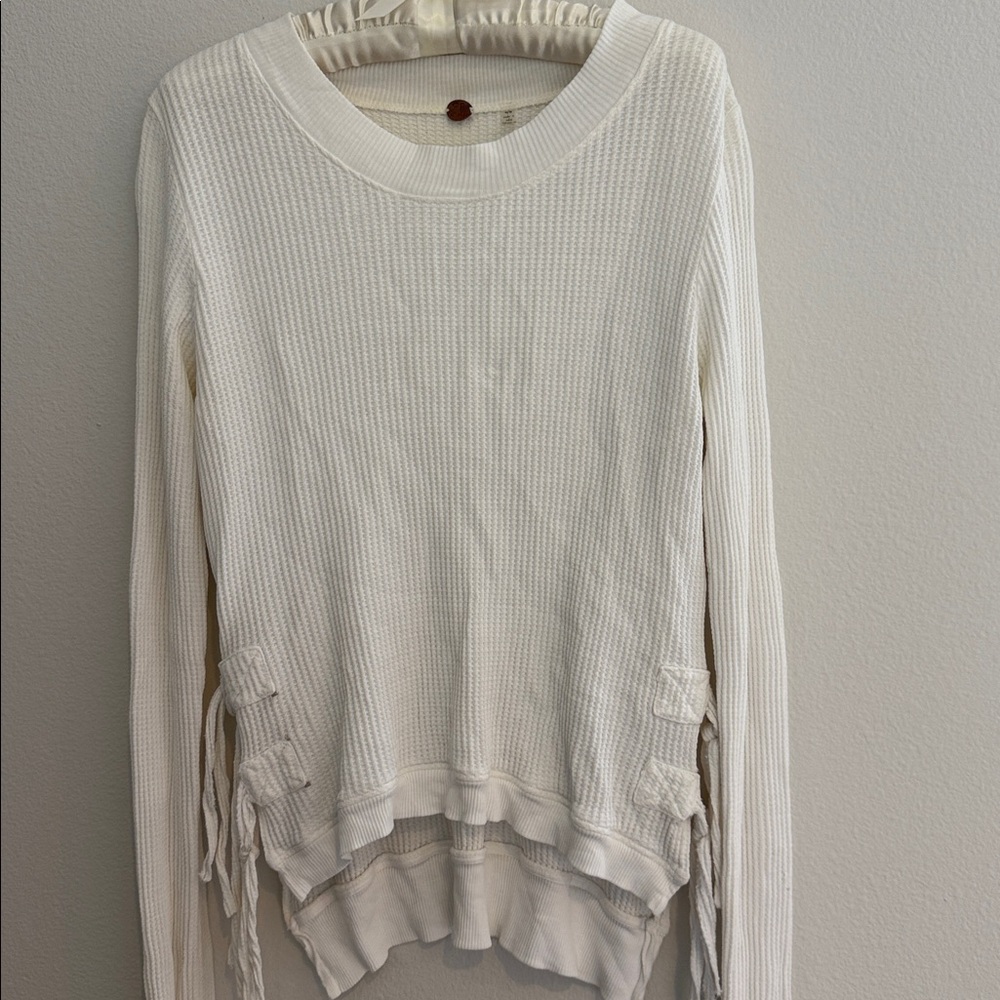 Free People Cream Thermal Knit Long Sleeve Side Tie Accents